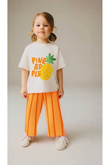 anonim Unisex Kids Cotton Ecru Pineapple Slogan T-Shirt and Striped Bermuda Bottom Top Set