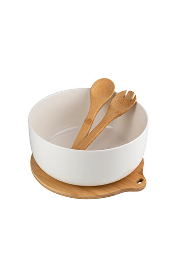 FLORINA Adria bowl, porcelain, white, bamboo base, set of 2 spoons, 25 x 11 cm