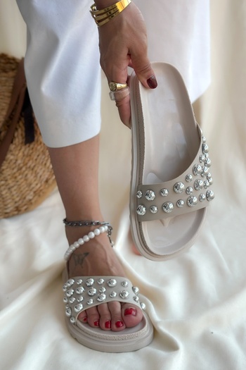 Shoebutik Γυναικείες παντόφλες Blueberry Beige Leather Pin