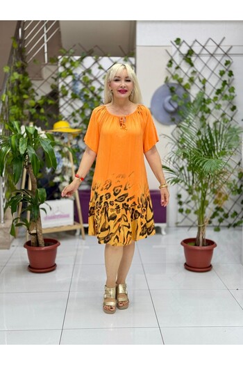 Punta Otantik Nc10526 Italian Collar Elastic Leopard Coton Dress Orange