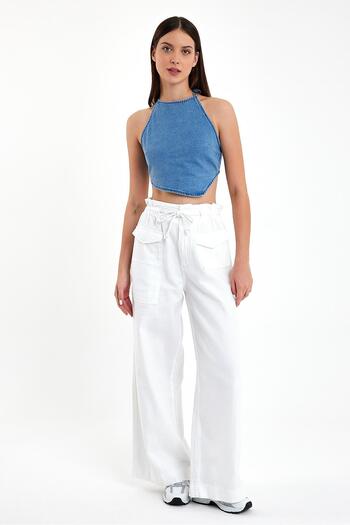 VENA Clara White Wide Leg Women's Paperbag Trousers