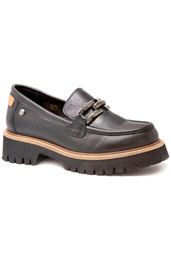Mammamia D25Ya-03695 Black Skin Leather Women's Loafer Shoes