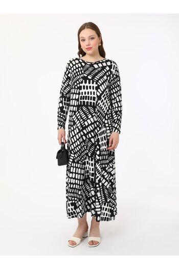 ALİA Plus Size Patterned Knitted Dress - Black - White - Alia
