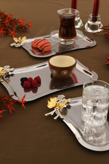 AKSESUAR EVRENİ Naldo Italian Model Butterfly Detailed 3 Presentation Trays Silver