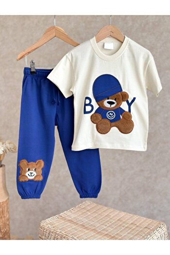 anonim Boy's Cotton Ecru Navy Blue Teddy Bear Embroidered Suit - 3D Appliqued T-Shirt and Sweatpants