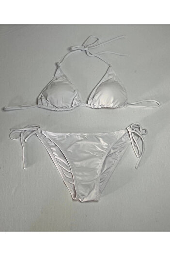 hazelin Kadın Beyaz Boyundan İp Bağlamalı Üçgen Bikini Takımı HZL25S-LC5005