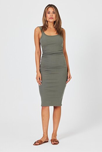 VENA Midi Women's Combed Cotton Dress - Island Tea Drawstring Detail