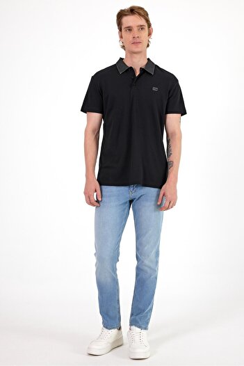 VENA Ανδρικό μπλουζάκι Marco Black Regular Fit Jean Collar με λεπτομέρεια Pique