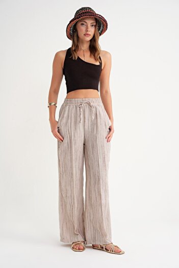 Mixray Beige Women's Palazzo Trousers with Rental Front 4643 Model