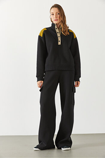VENA Half Placket Sweatshirt - Black, Detailed Two Colors