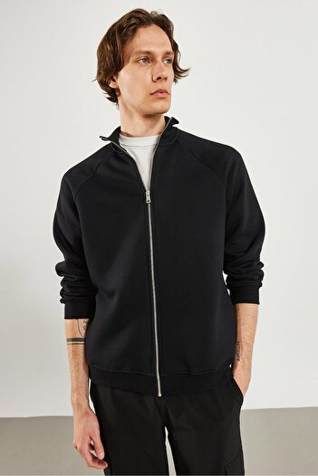 VENA Men's Stand Collar Black Oversize Front Zipper Sweatshirt