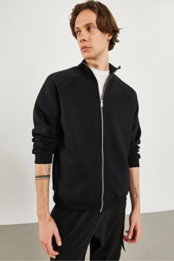 VENA Men's Stand Collar Black Oversize Front Zipper Sweatshirt
