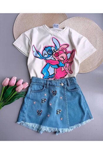 KOKOŞ BEBEK Stitch Themed Shorts Skirt Jeans Set |   Between 3/4 Years