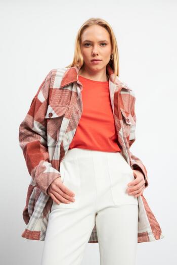 VENA Women's Oversize Red-Black Plaid Shirt Jacket