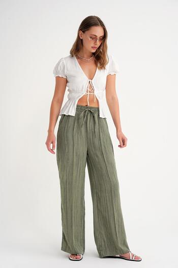 Mixray 4643 Women's Front Drawstring Palazzo Trousers Khaki
