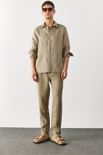 VENA Ken Elastic Waist Linen Chino Trousers - Khaki