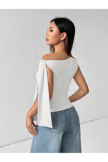 meren like your style λευκό μακρύ αμάνικο μπλουζάκι καλοκαιρινής μόδας με λεπτομέρεια με κορδόνια από τον ώμο