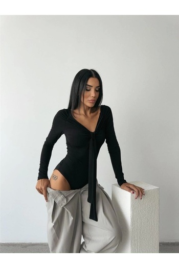 MODA Special Design Black Bodysuit with Front Tie Detail