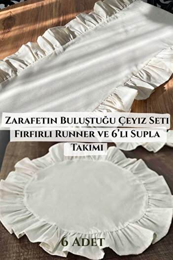 KAMİZ Fırfırlı Keten Runner & 6'lı Fıfırlı Supla Seti - 7 Parça Çeyiz Seti