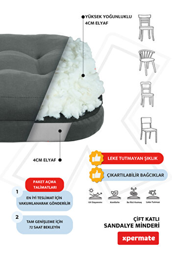 XPERMATE 4'lü Çift Kat Sandalye Minderi Fermuarlı Yıkanabilir Kılıf Su ve Yağ İtici 42x42x8 Antrasit