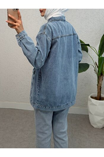 Modamorfo Ice Blue Sprinkled Stone Detailed Denim Jacket with Flap Pocket
