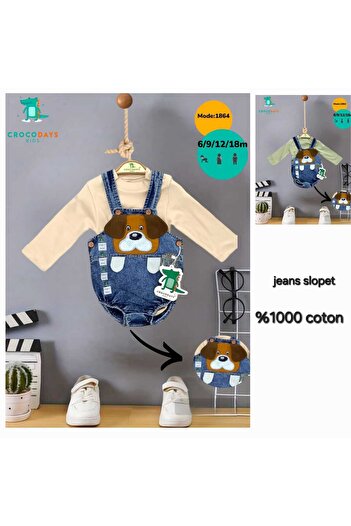 CROCODAYS Long Sleeve Unisex Children's Baby Jeans (Jeans) Dog Embroidered Badili Salopet Set of 2 (6/9/12/18) Months