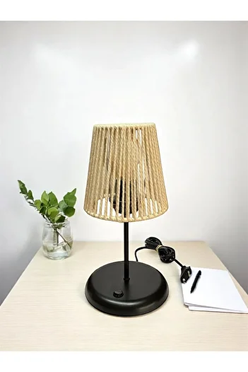 CONANA Lyris - Macrame Lampshade, Mini Table Lamp (Ecru Head, Black Leg)