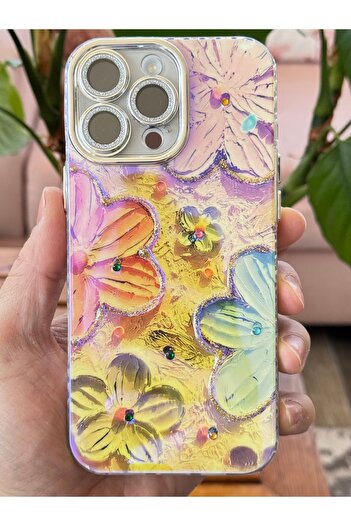 Fibaks İphone 16 Pro Kılıf Renk Değiştiren Taşlı Kamera Lens Korumalı Pembe Çiçek Desenli Darbe Emici Kapak