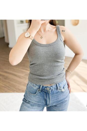 glanour Women's Ribbed Thick Strap Basic Gray Tank Top
