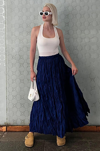 Cochines Women's Navy Blue Wrinkled Pleated Long Gather Detailed Maxi Skirt Crush Flared Effect Long Skirt