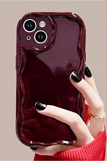 Fibaks Apple iPhone 15 Compatible Case with Camera Protection Wave Edge Shock Absorbing Burgundy Silicone Cover