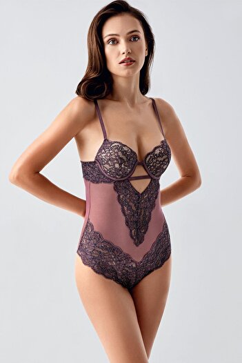 C&City Push up Lace Detailed Bodysuit Plum C15101