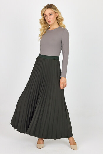 G-Line Khaki Maxi Pleated Skirt - Elastic Waist