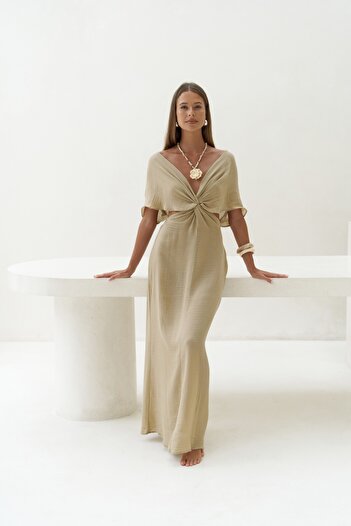 BOHEMAİ Khaki Fremen's Dress - Front Cross Detail
