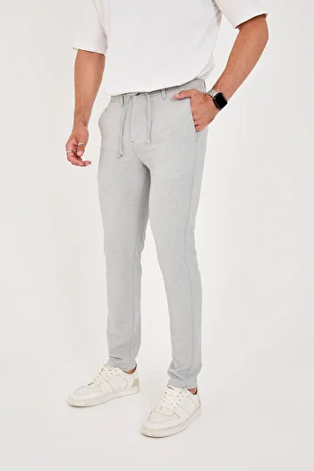 BROCARD Men's Seersucker Lycra Jogger Slimfit Waist Half Elastic Light Gray Fabric Trousers