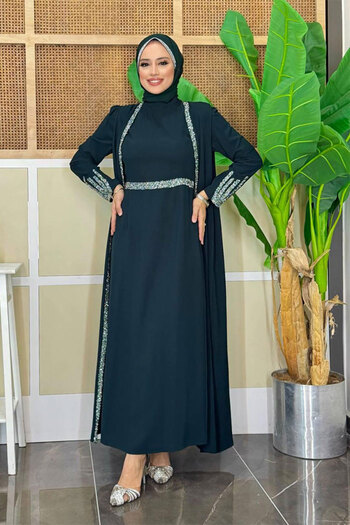 Bym Fashion Stone Embroidery Detailed Vest Dress Suit 3838 Emerald