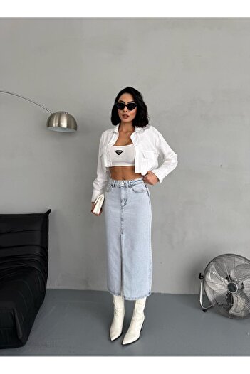 Zeo Basic FUSTA JEAN DE MĂRIME MAXI SLIT SNOW WASH