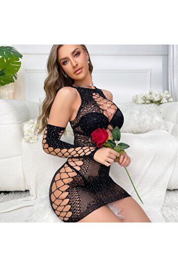 FROOY Kadın Siyah Seksi Fileli Özel Üretim Fantezi Mini Elbise