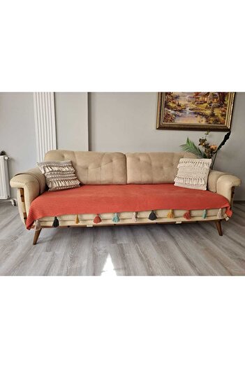 Petek Home Renkli Püsküllü Koltuk Örtüsü Kiremit (90x210 EBATİNDA OTURMA ALANINA ORTUDUR SIRTI KAPATMAZ)