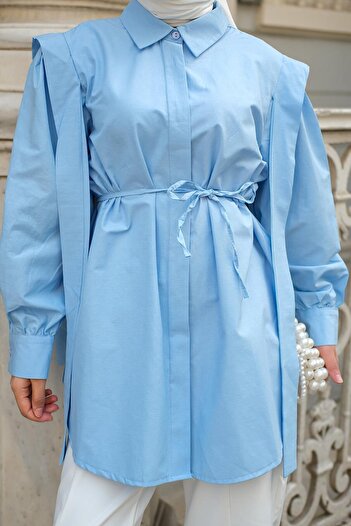 LOCCO Pleat Detail Hidden Front Buttoned Shirt Light Blue