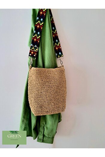 Green Ethnic Hanging Straw Paper Rope Hand-Knitted Straw Bag