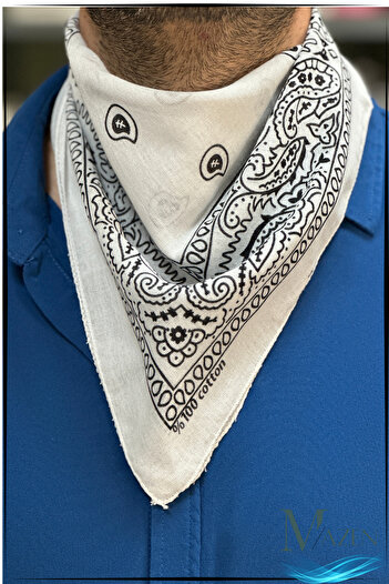MAZEN Ethnic Patterned Multi-Purpose Bandana Scarf White Color 50X50