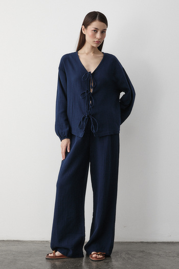 Laluvia Navy Blue 100% Cotton Tie-Up Blouse Trousers Suit - 8502