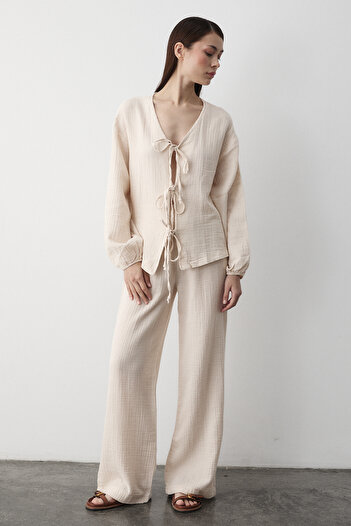 Laluvia Beige 100% Cotton Tie-Up Blouse Trousers Set - 8502