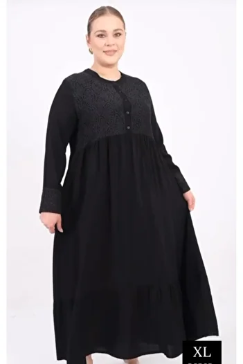 AKŞEN GİYİM Plus Size Cotton Viscose Fabric Robes and Sleeve Cuffs Lace Detail Half Button Dress