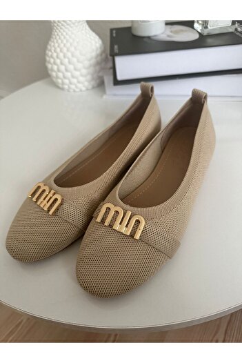 ZİESCE Women Beige Gold Buckle Tricot Ballet Shoes