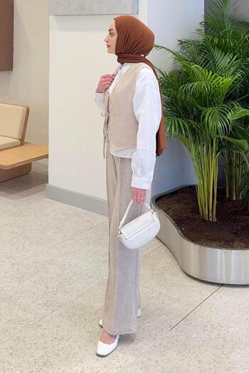 lamelif Suede Fabric Ribbon Tie Detailed Hijab Suit Cream