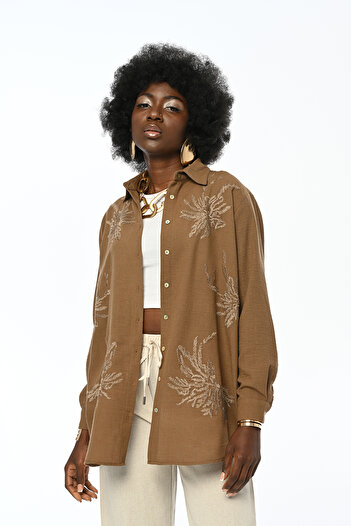 Orfeo Negro Women's Embroidered Oversize Cut Solid Color Shirt