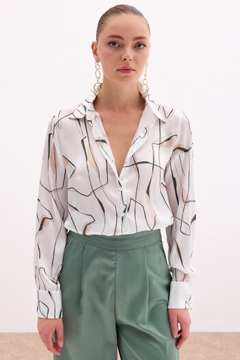 Sateen Slit Detailed Shirt - Khaki