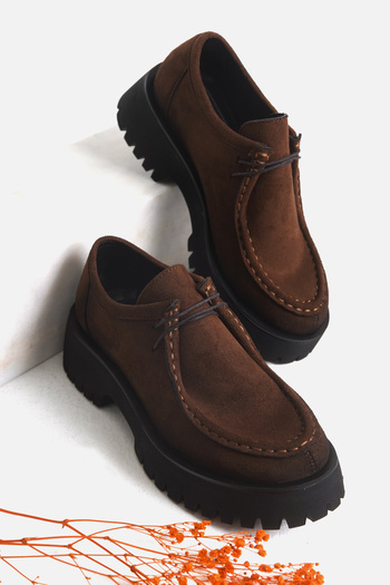 MARSEDO Babs Γυναικεία Loafer Χοντρή σόλα με κορδόνια Casual Παπούτσια Καφέ σουέντ